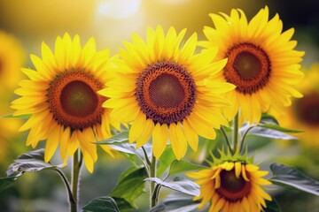 Obraz premium Field of sunflowers swaying gently in the breeze, their bright yellow petals turned towards the sun