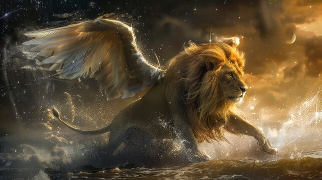 A lion with wings captured in a dream-like state, blending realism with surrealism