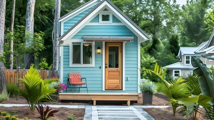 Fototapeta premium ADU or accessory dwelling unit also known as a tiny house. Concept Tiny House, Small Living, Compact Living, Sustainable Housing, Modern Minimalism
