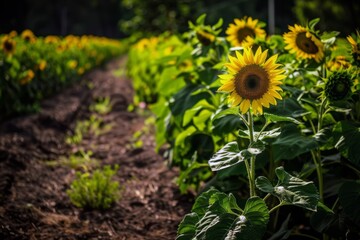 Field of sunflowers swaying gently in the breeze, their bright yellow petals turned towards the sun
