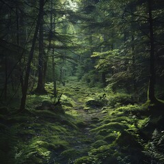 Obraz premium A deep forest path covered in moss and ferns, with deer peeking through the trees.