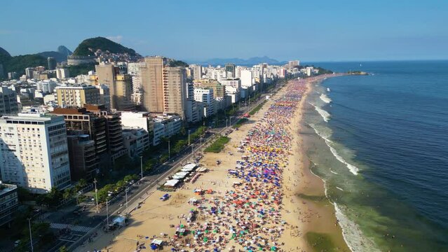 Crowded Ipanema and Arpoador Beach Aerial View in Rio de Janeiro, Brazil