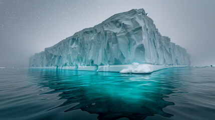 A large ice block with a blue water surrounding it