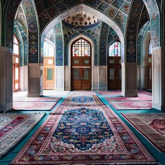 Obraz premium A vibrant prayer mat in an ornate mosque with intricate tile work.