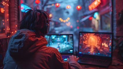 Obraz premium Person with headphones playing games on two laptops in a cozy, illuminated setting at night, with bokeh lights in the background