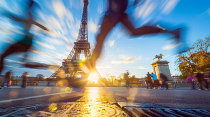 Olympic games picture concept. Motion blur of many athletes running on the city street with eiffel...