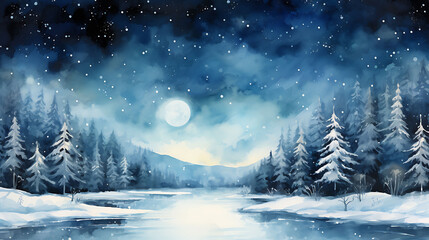 Illustrate a watercolor background of a magical winter night, with a clear sky, full moon, and a snow-covered landscape