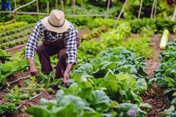 Farmer tending to rows of ripe vegetables in bountiful summer garden