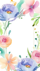 Floral frame watercolor illustration, template, copy space, place for text. Vertical