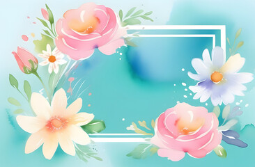 Floral frame watercolor illustration, template, copy space, place for text