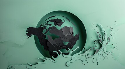 Conceptual papercut showing a globe half blackened by oil, and the other half green, symbolizing environmental impact.