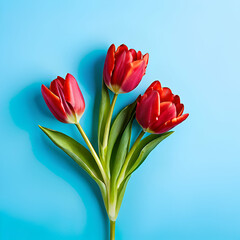 Fototapeta premium bouquet of red tulip on blue background top view,bouquet, springtime, wedding, copy space, romance, love, no people, surprise, greeting, mother, birthday, valentine, easter, colourful, colours, petal,