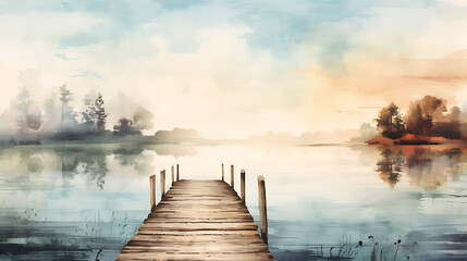 Obraz premium Illustrate a watercolor background of an old wooden pier extending into a calm lake