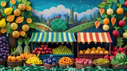 Detailed papercut of a farmer's market selling local produce, crafted from colorful paper fruits and vegetables.