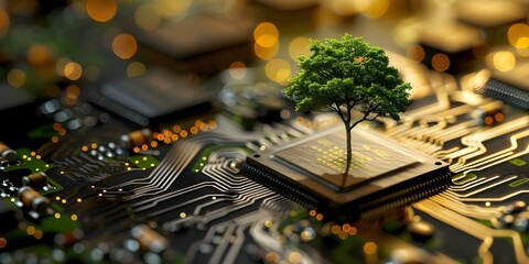 Green Technology: Computer Circuit Board with Tree Growing at Convergence Point. Concept Sustainable Innovation, Environmental Conservation, Technological Integration, Green Energy Solutions