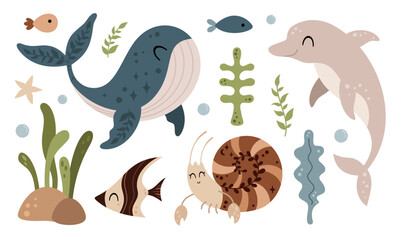 Sea animals clipart with whale, dolphin, crayfish, fish, starfish, seaweed. Ocean clipart in cartoon flat style. Hand drawn vector illustration