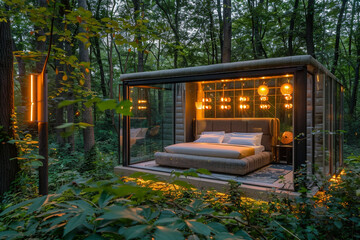 An avant-garde bedroom in a glass house, surrounded by a dense forest as evening falls. The room...