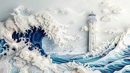 Dramatic papercut scene of an ocean wave crashing against a lighthouse, with exaggerated heights to depict sea level rise.