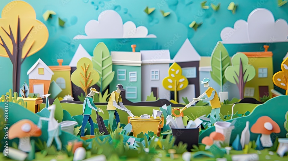 Poster dynamic papercut of a community participating in a clean-up day, with paper trash being collected an