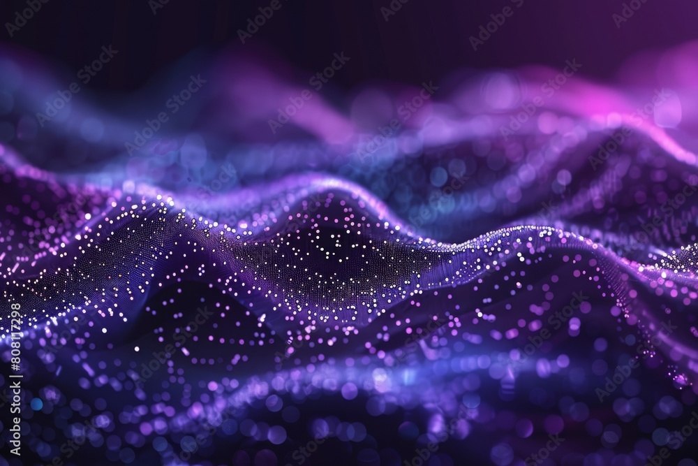 Wall mural Abstract background featuring a blend of purple and green hues, showcasing a complex network pattern of interconnected nodes and digital information - modern 3D wallpaper design