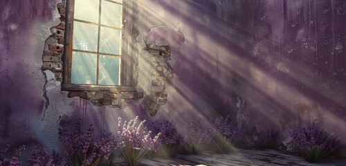 Gentle sunlight infuses vintage warmth into a faded lavender grunge room.