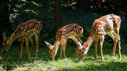 Family of deer grazing in sun-dappled meadow, their coats gleaming in the warm summer sunlight