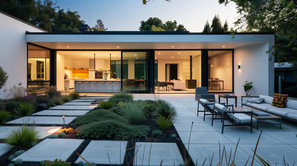 Modern House With Patio and Seating Area.The patio is designed for outdoor relaxation and socializing, with stylish furniture and a cozy ambiance for gatherings and leisure activities