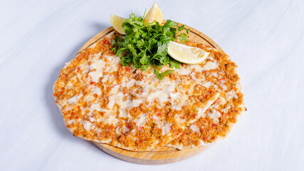 Meat cheese lahmacun top view	
