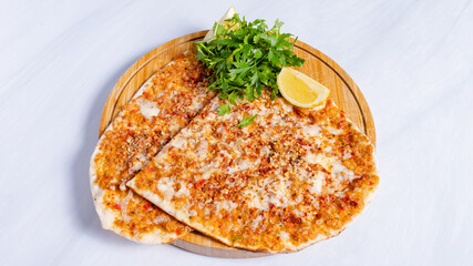 Meat cheese lahmacun top view	
