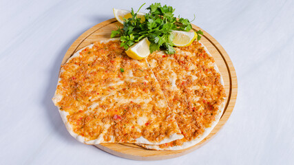 Meat cheese lahmacun top view	
