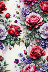 A painting of a floral pattern with roses, violets, and small flowers - Generative AI	