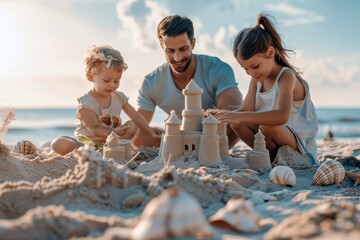 Family building sandcastles on the shore, their creations adorned with seashells and seaweed