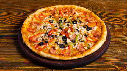 Pizza on wooden tray isolated