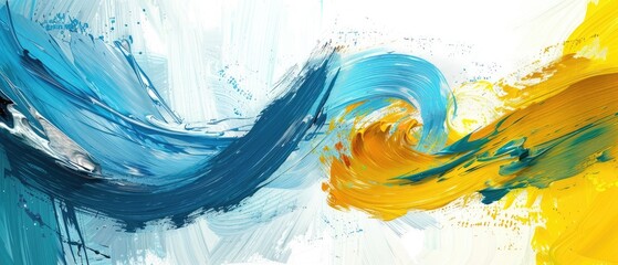 An artwork showcasing colorful brush strokes in abstract cyan, yellow, and white