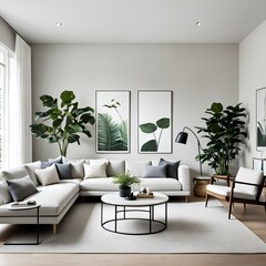 Fototapeta premium a minimalist modern living room, with neutral colors and simple functional furniture, and has indoor plants. Generative AI