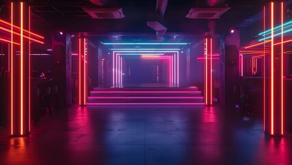 Neon lights transform dark club into futuristic space with retro vibes. Concept Neon Lights, Dark Club, Futuristic Space, Retro Vibes