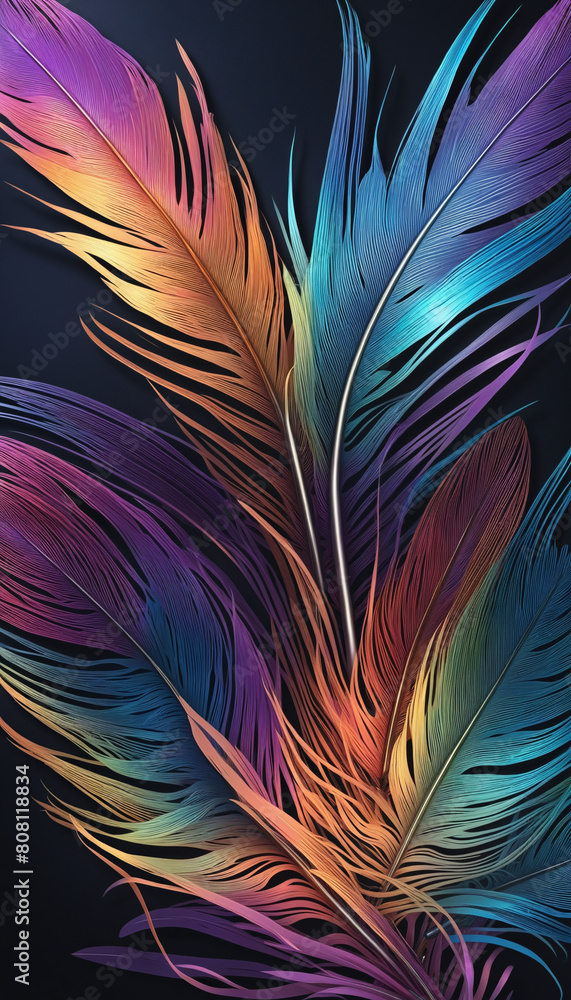 Poster abstract futuristic gradient graphic design with isolated colourful vector feather on a transparent 