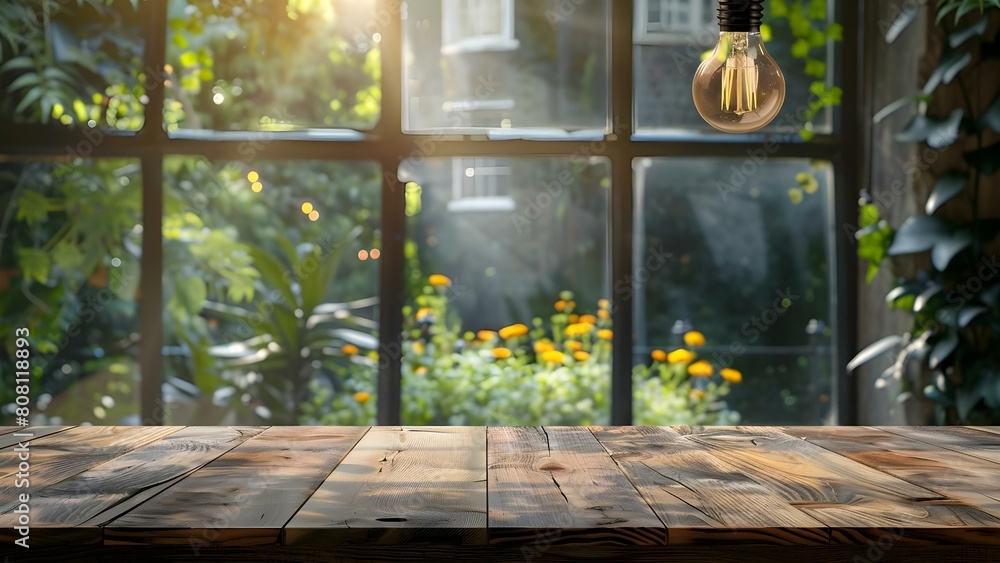 Aufkleber cafe window setting with wooden table and light bulb as backdrop for product displays. concept cafe 