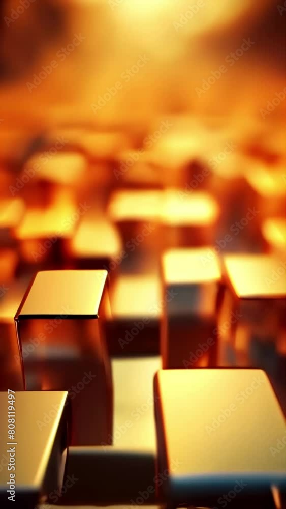 Poster video of gold colored building made of squares. the squares are all different sizes and are arranged