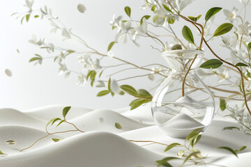 Elegant and Tranquil Scene of a Glass Vase Surrounded by White Blossoms and Leafy Twigs on a Textured White Background