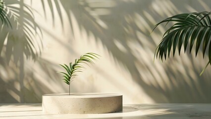 Fototapeta premium Stone podium showcasing product under tropical palm leaf shadow. Concept Product display, Stone podium, Tropical palm leaf, Shadow, Showcase