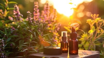 Highly detailed image of a skincare routine at sunset, using natural anti-aging products outdoors.