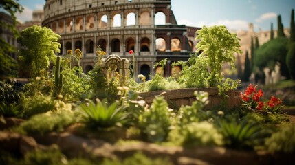 Obraz premium Roman coliseum transformed into a lush garden exotic flora and fauna flourishing beautifully