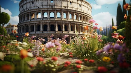 Obraz premium Roman coliseum transformed into a lush garden vibrant flora and fauna flourishing