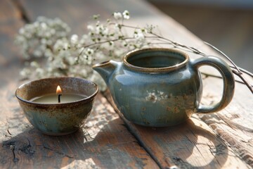Fototapeta premium Tea set on a wooden table with candles and flowers. Selective focus. Boho style