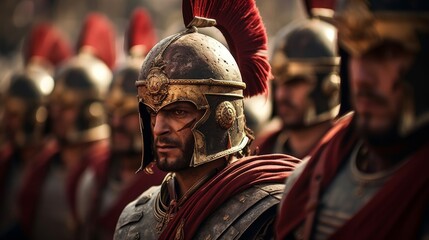 Roman Legionnaires standing in formation sun-drenched camp - obrazy, fototapety, plakaty