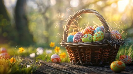 a basket full of colorful easter eggs placed on an old wooden table in the garden realistic