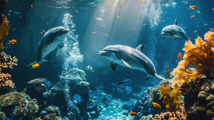 Fototapeta na wymiar Dolphin intelligent sea marine animal. Photo of fauna on ocean bottom. Coral deep wild landscape