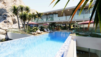 Luxury beach house with sea view swimming pool and terrace in modern design. Lounge chairs on wooden floor deck in holiday home or hotel. Contemporary holiday villa exterior.	
