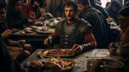 Roman Legionnaire sharing a meal with comrades in a mess hall